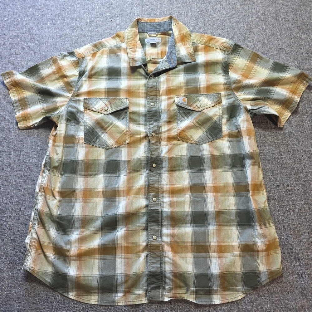 Carhartt Mens Shirt Sz XXL Tan Gray Plaid Pearl Snap Rugged Relaxed Fit Flannel